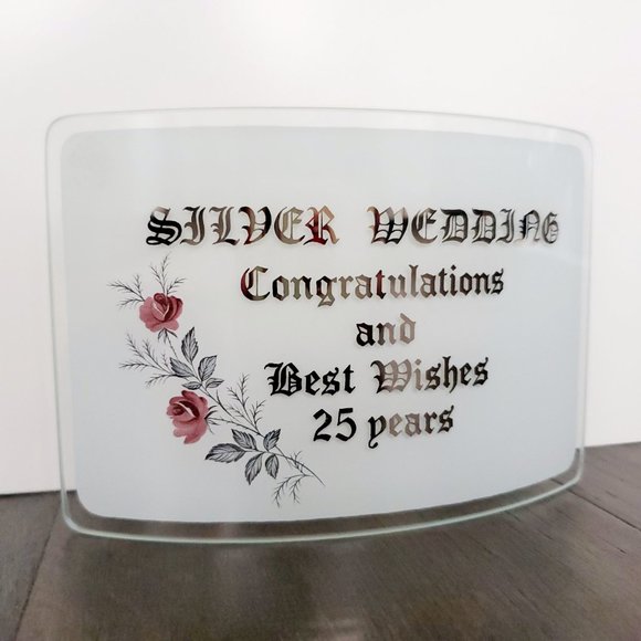25th Wedding Annuversary Plaque Floral Frosted Glass Display Gift Party Table - Picture 3 of 6